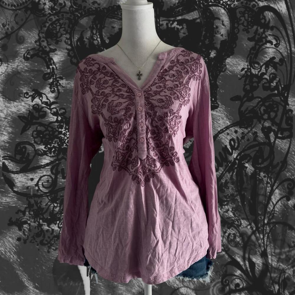 heather muted fairy pastel pink baroque paisley embroidery henley boho top